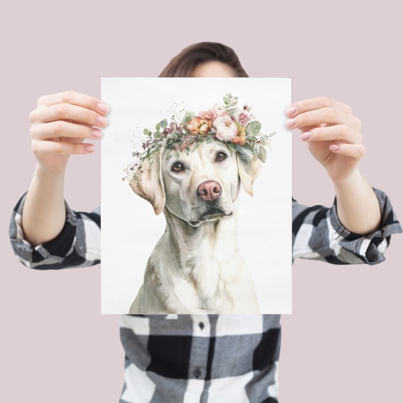 Watercolor Labrador Retriever with Flower Crown Portrait Wall Art Print Unframed - Picture 4 of 7